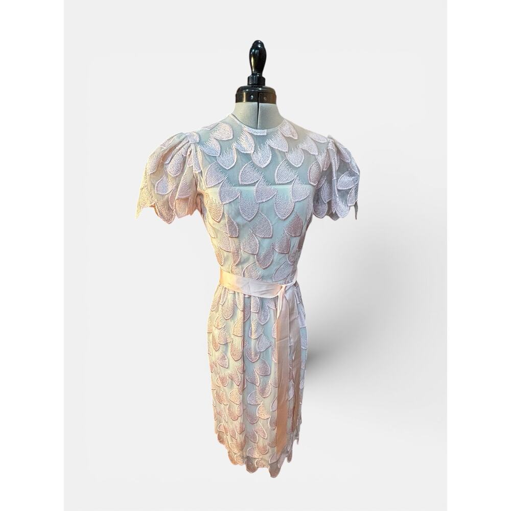 Pastel Petal Appliqué Dress Puff Sleeve Sheer Overlay William Pearson 80s Party